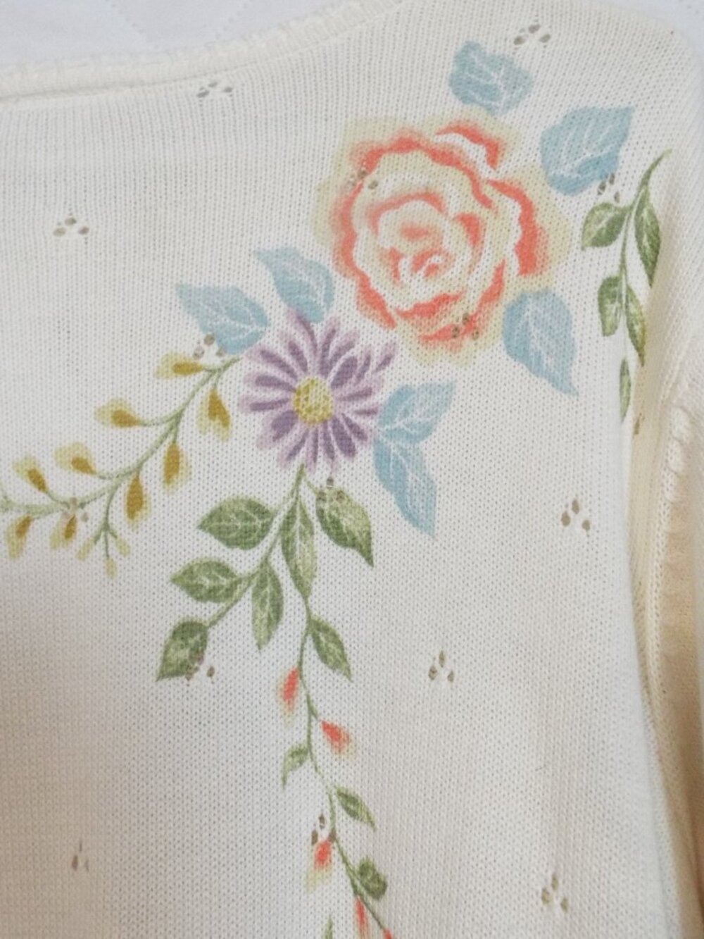 Vintage Koret Ivory Floral Long Cardigan Sweater Size XL - Picture 4 of 7